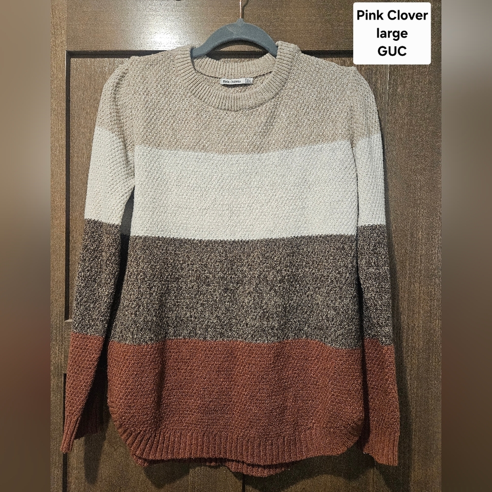 Pink Clover Striped Knit Sweater - Cream, Brown, Tan